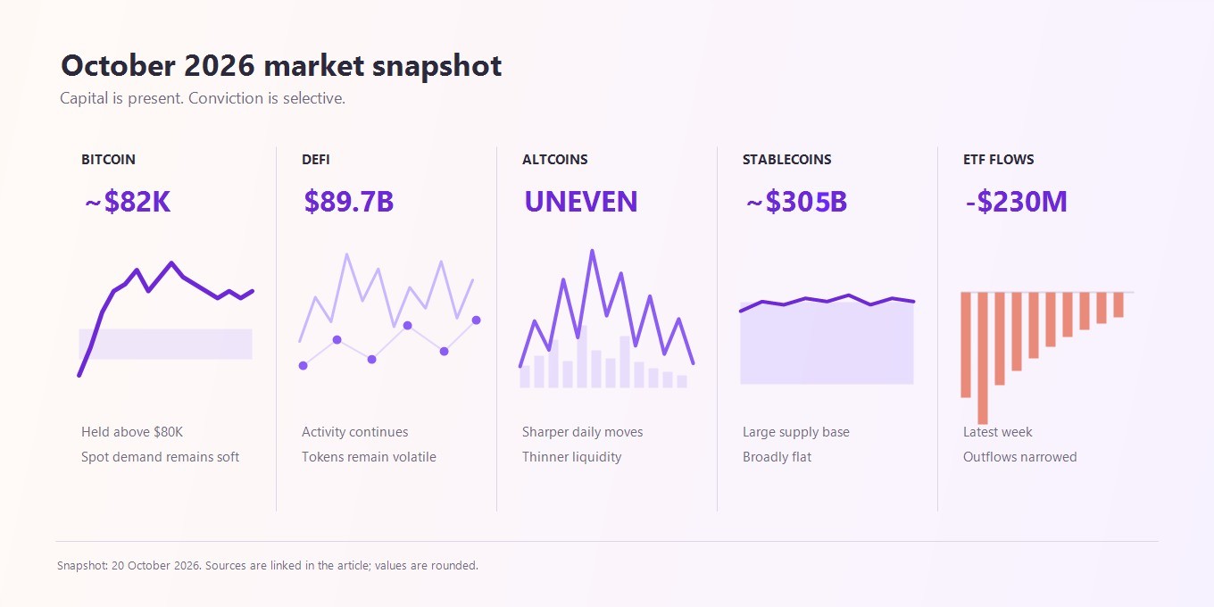 Crypto market signals in October 2026: Bitcoin recovery, altcoin liquidity, stablecoin supply and ETF demand